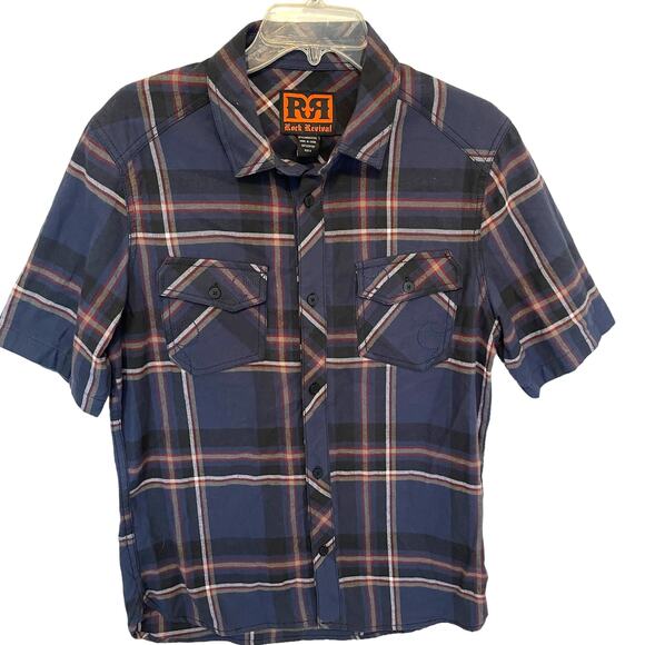 Rock Revival Navy Black & Red Plaid Button Shirt Men's Small 100% Cotton - Picture 1 of 7